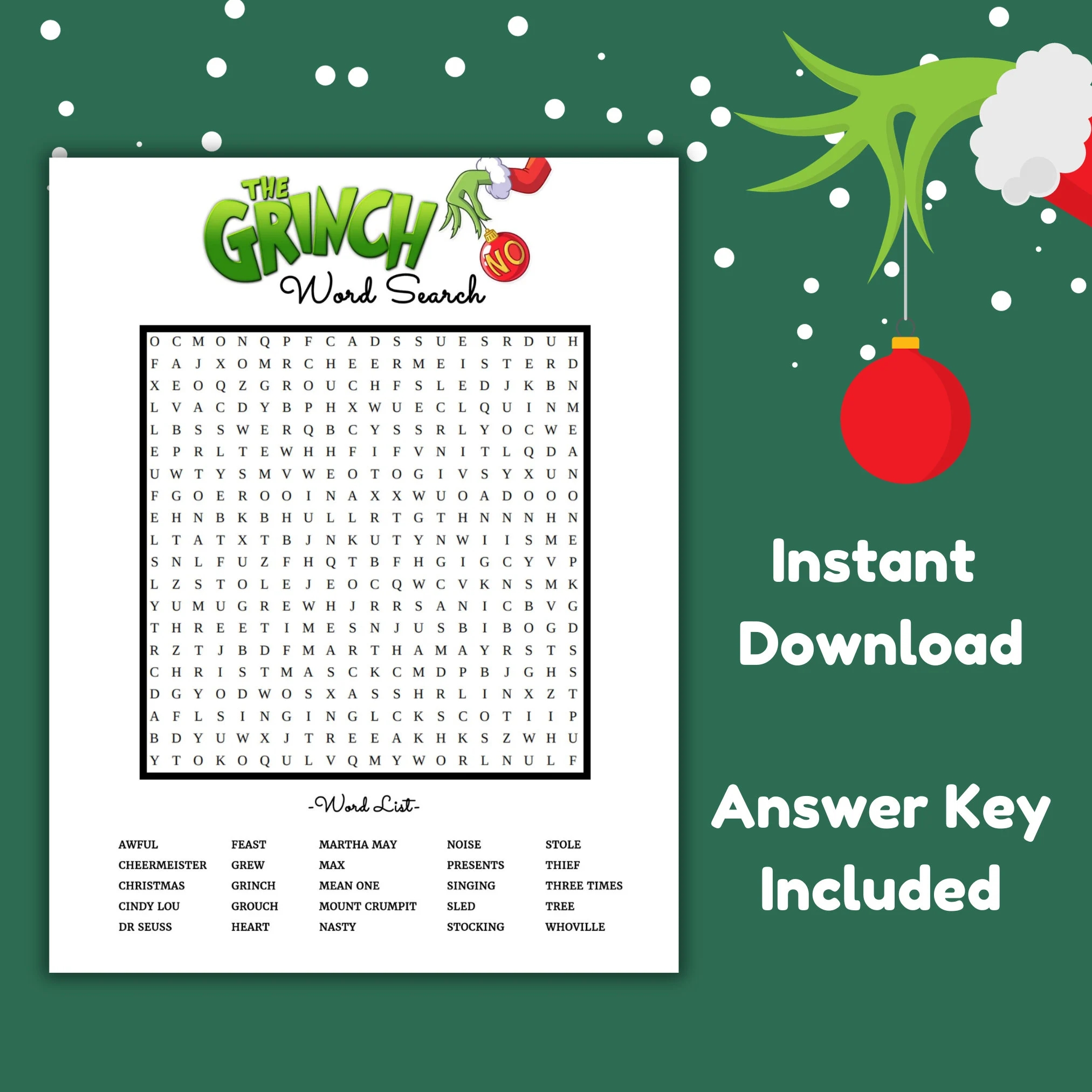 INSTANT DOWNLOAD Printable Grinch Word Search Party Games Holiday Shop Etsy