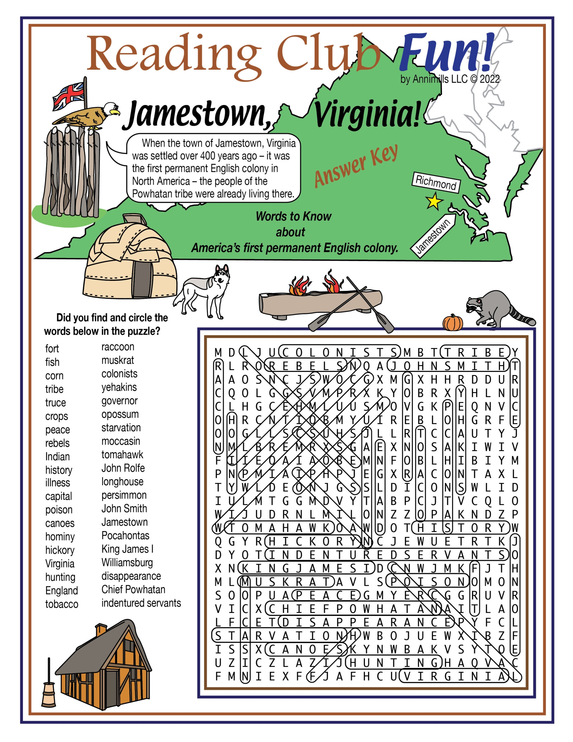 Jamestown Virginia Printable Word Search Puzzle Early 