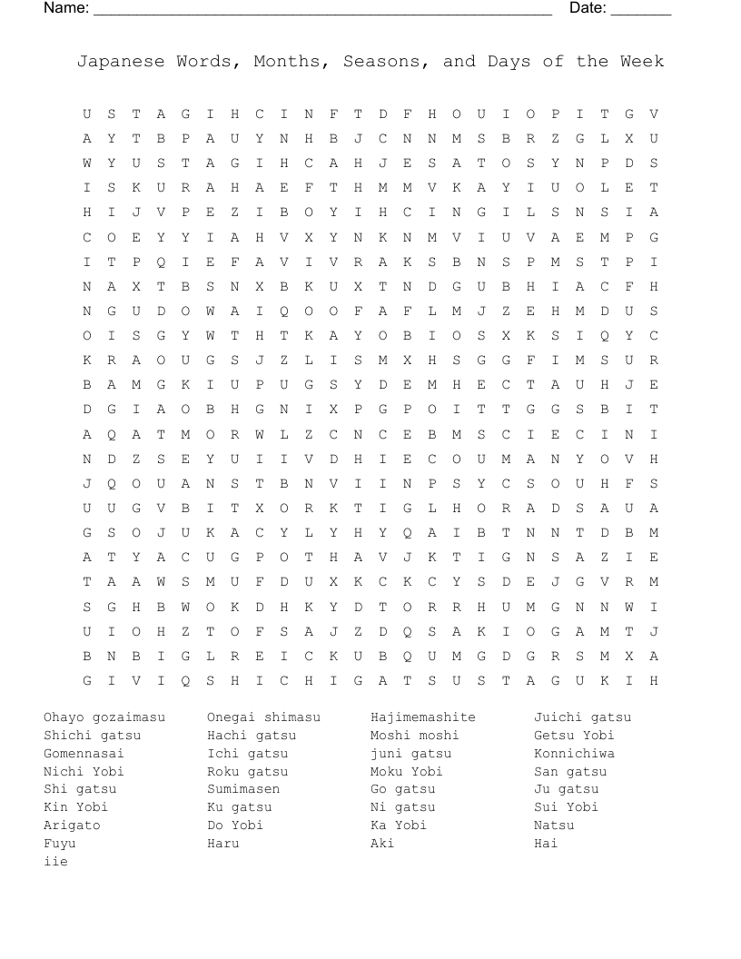 Japanese Words Months Seasons And Days Of The Week Word Search WordMint