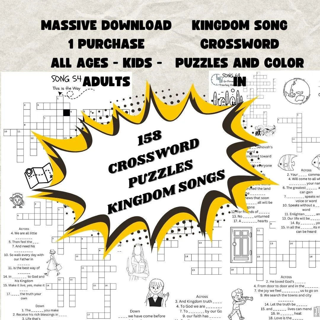 JW Crossword Puzzles 158 Song Worksheets Relax And Color In Kids And Adults All Ages Instant PDF Download Meetings Or Personal Study Etsy