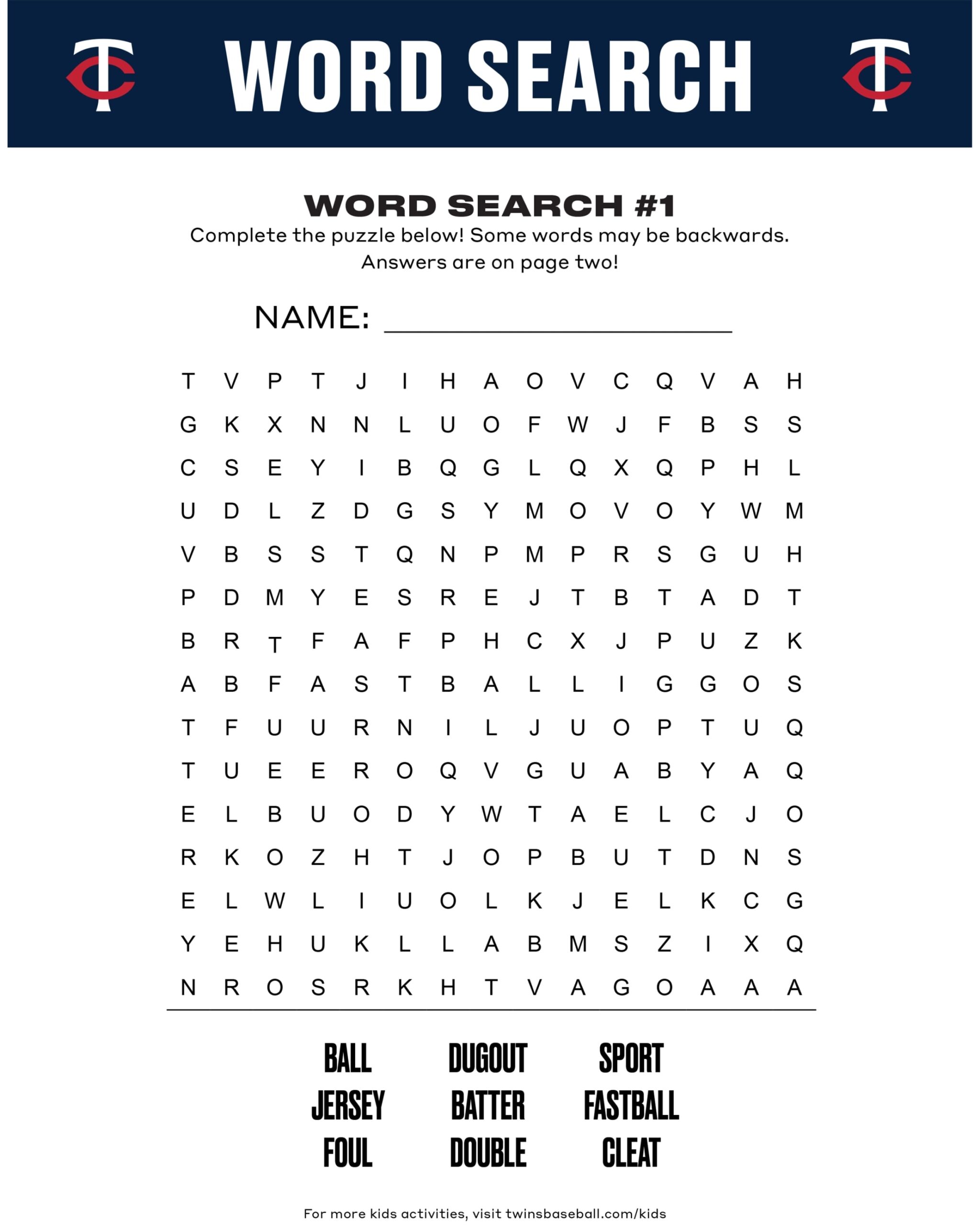 Kids Activity Sheets Minnesota Twins