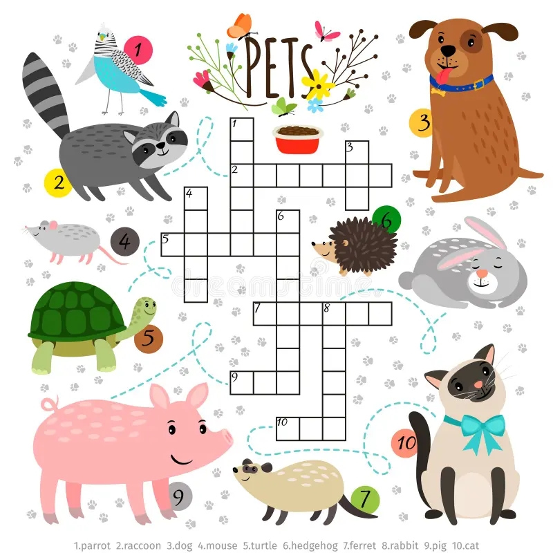 Kids Crosswords With Pets Children Crossing Word Search Puzzle With Pats Animals Like Cat And Dog Turtle And Hare Stock Vector Illustration Of Children Keyword 118736752