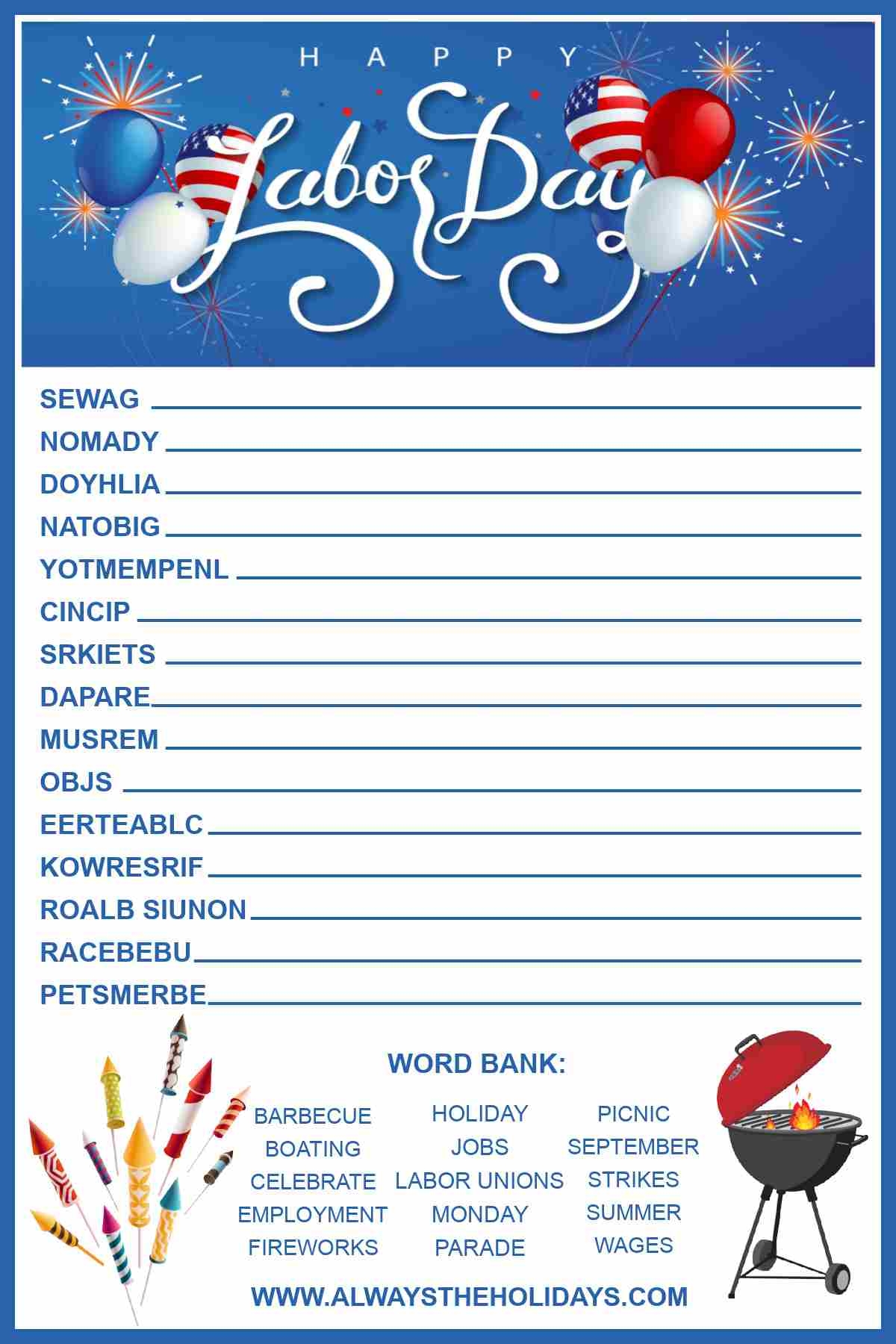 Labor Day Word Scramble Printable Free Puzzle For Kids Adults