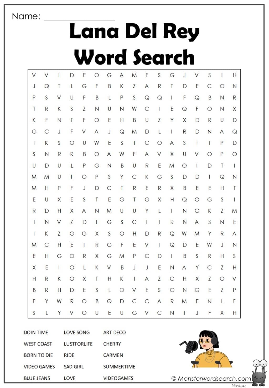 Lana Del Rey Word Search Monster Word Search