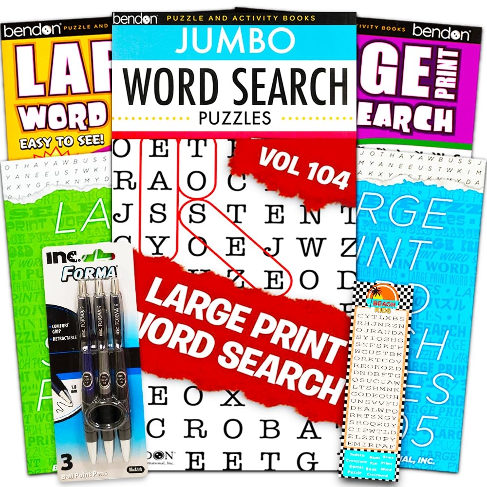 Large Print Word Search Books For Adults Super Set 6 Jumbo Word Find Puzzle Books With Large Print Plus Pens And Bookmark Over 800 Pages Total Bendon 0608631556899 Amazon Books