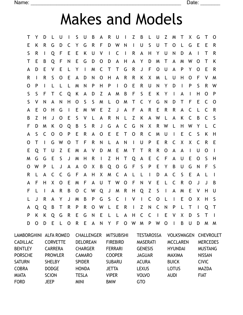 Makes And Models Word Search WordMint