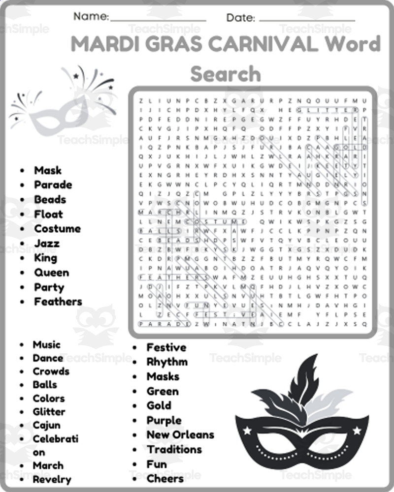 MARDI GRAS CARNIVAL Word Search Worksheet Activity