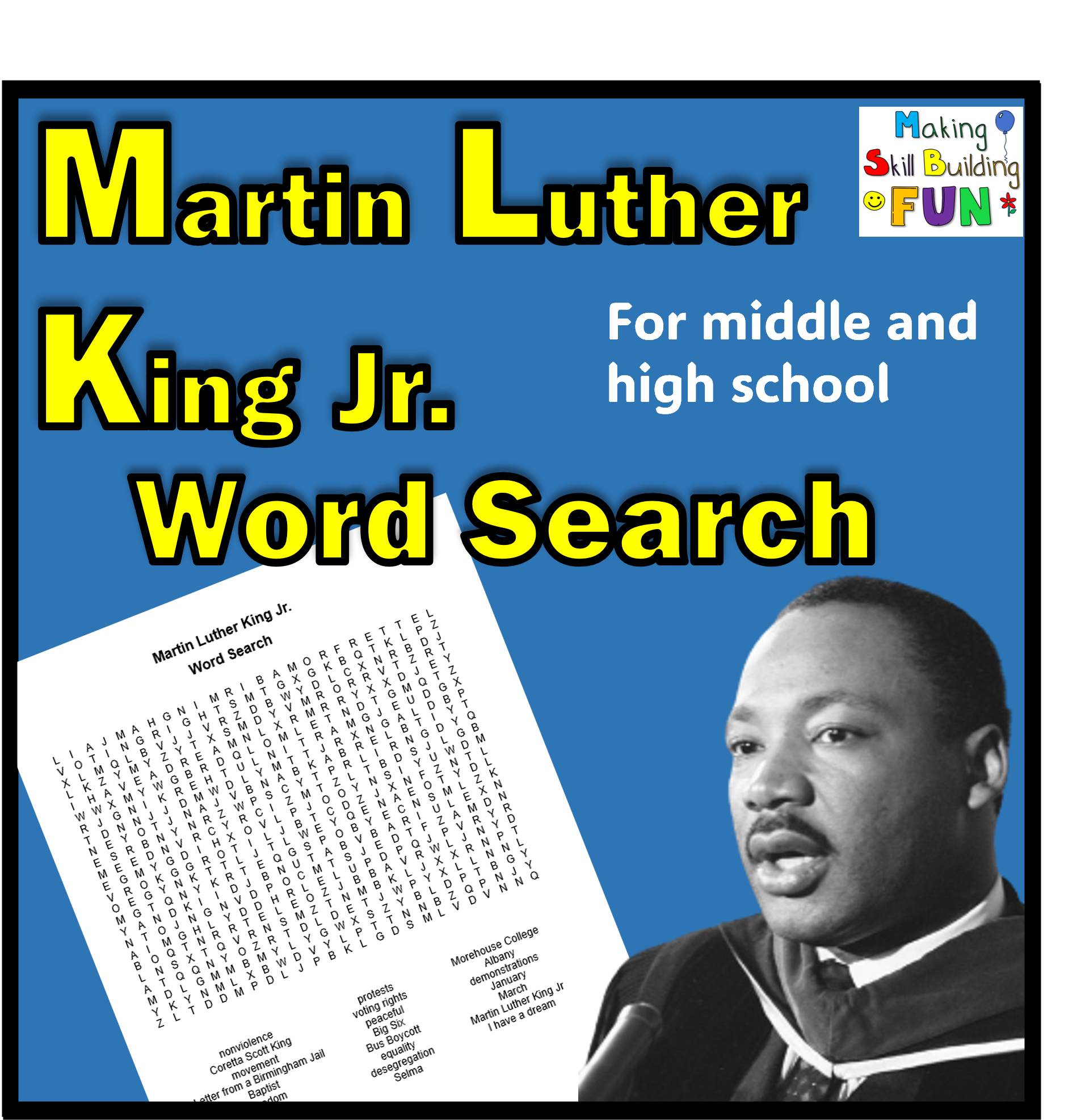 Martin Luther King Jr Word Search Printable Worksheet Classful