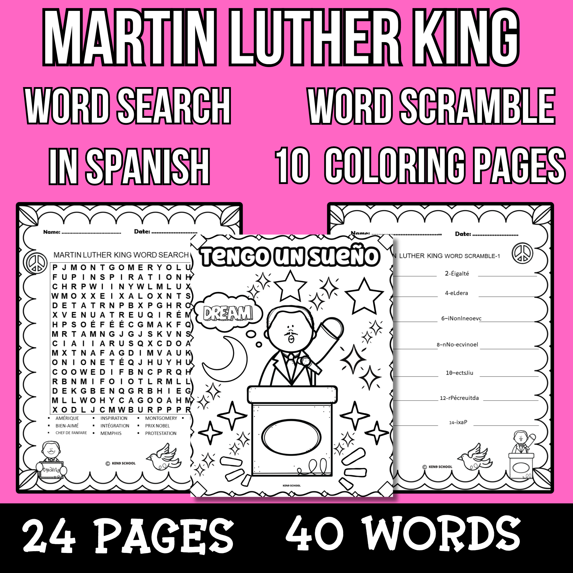 Martin Luther King Jr Word Search Word Scramble Puzzles Coloring In Spanish Made By Teachers