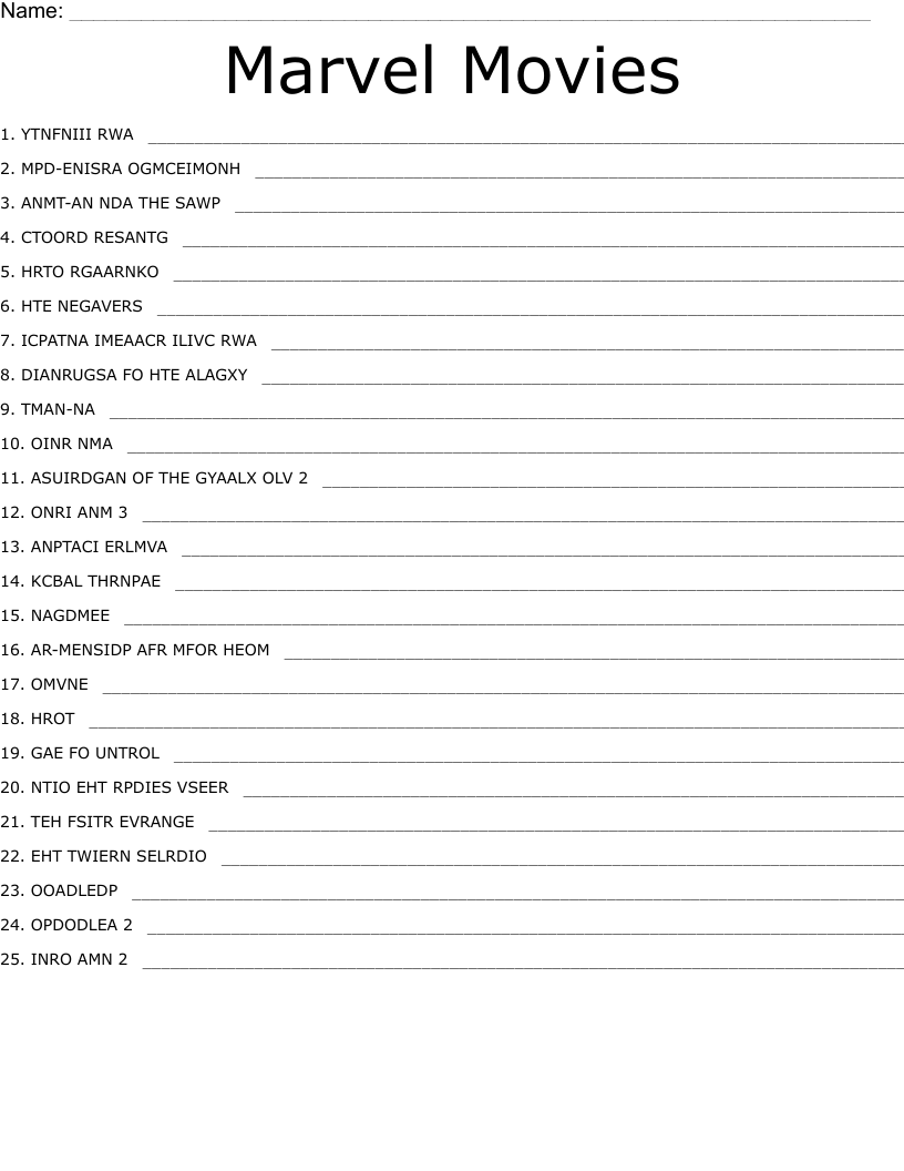 Marvel Movies Word Search