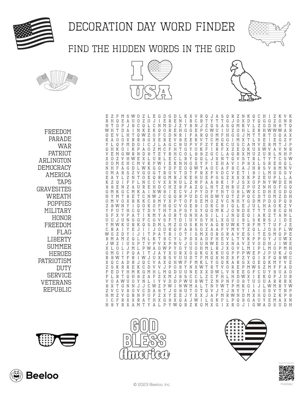 Memorial Day themed Word Searches Beeloo Printable Crafts And Activities For Kids