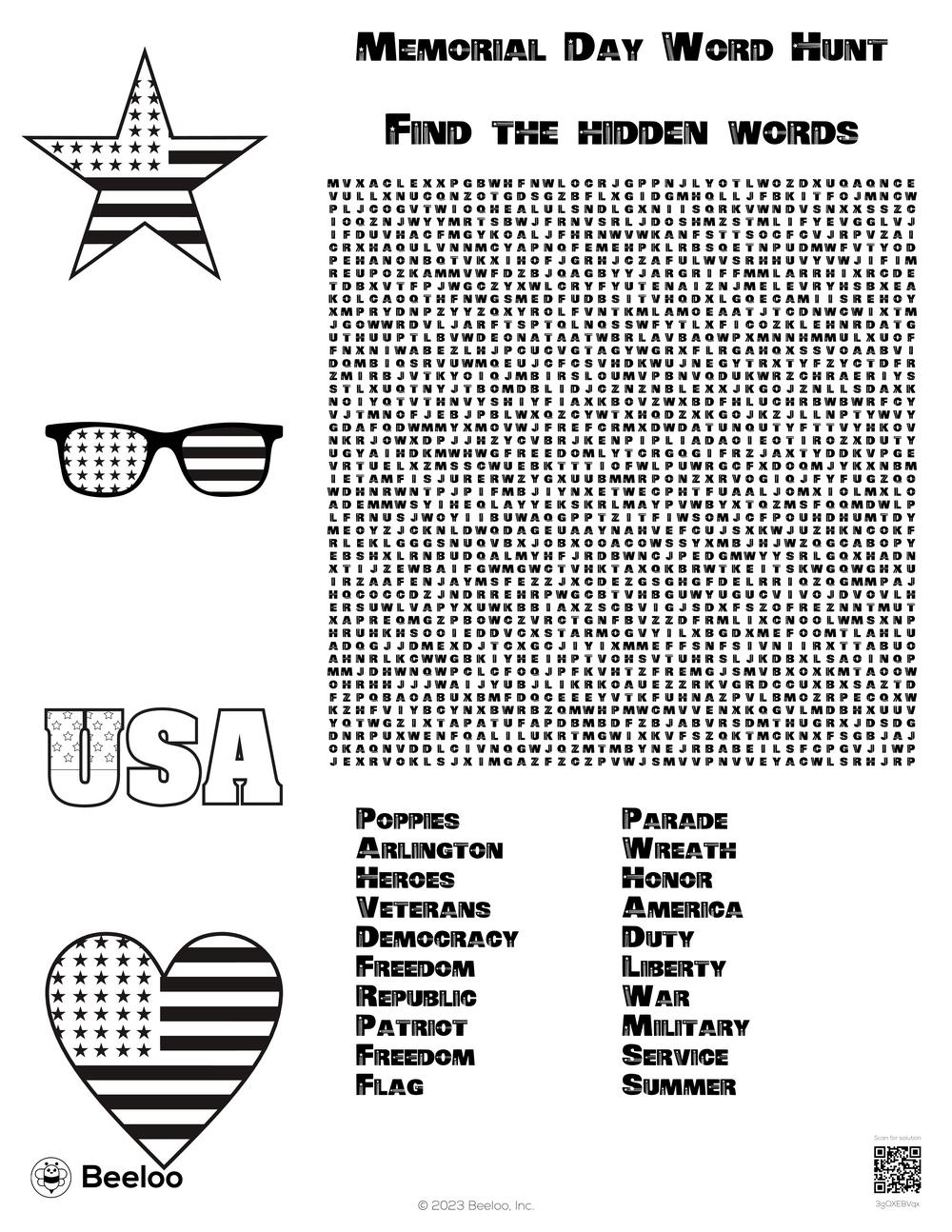 Memorial Day themed Word Searches Beeloo Printable Crafts And Activities For Kids