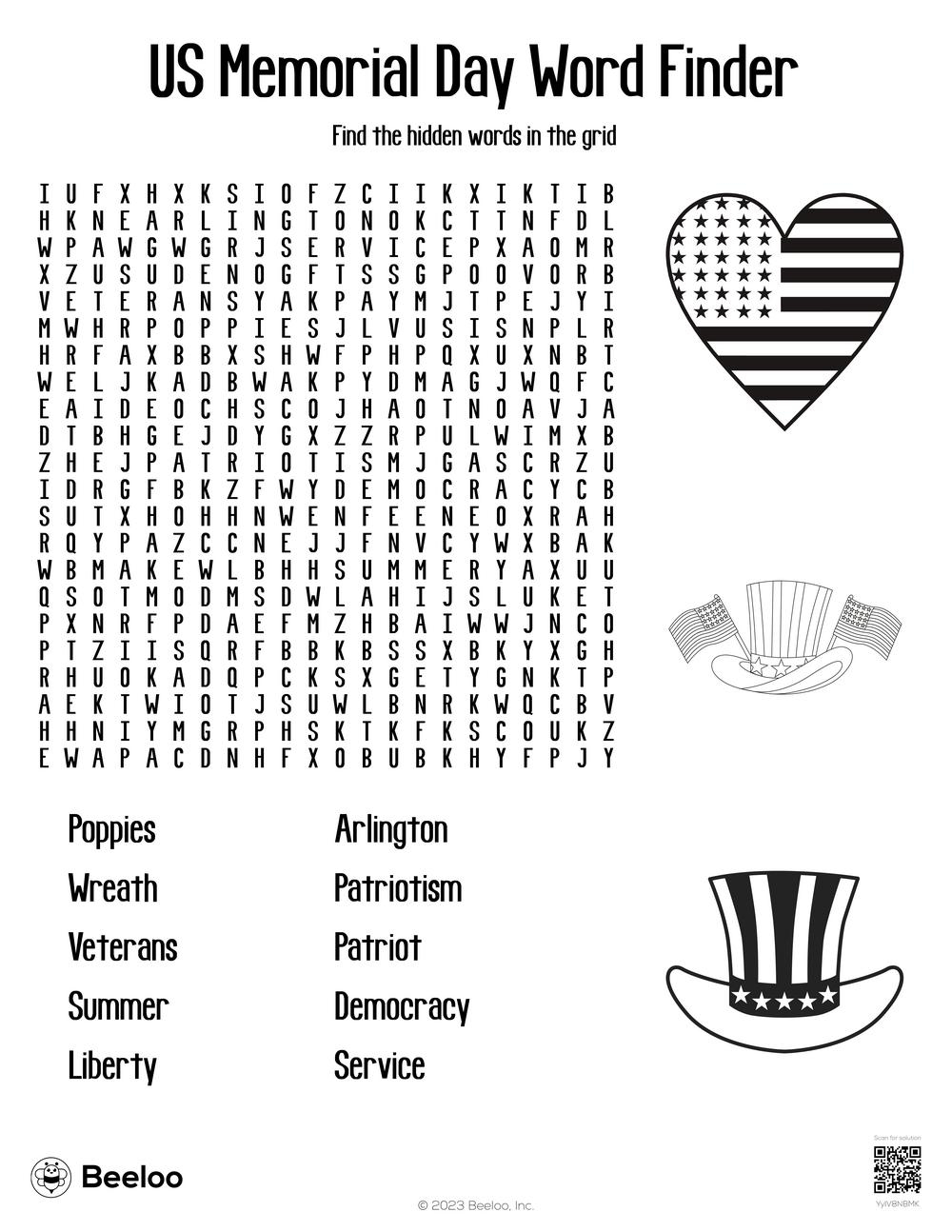 Memorial Day themed Word Searches Beeloo Printable Crafts And Activities For Kids