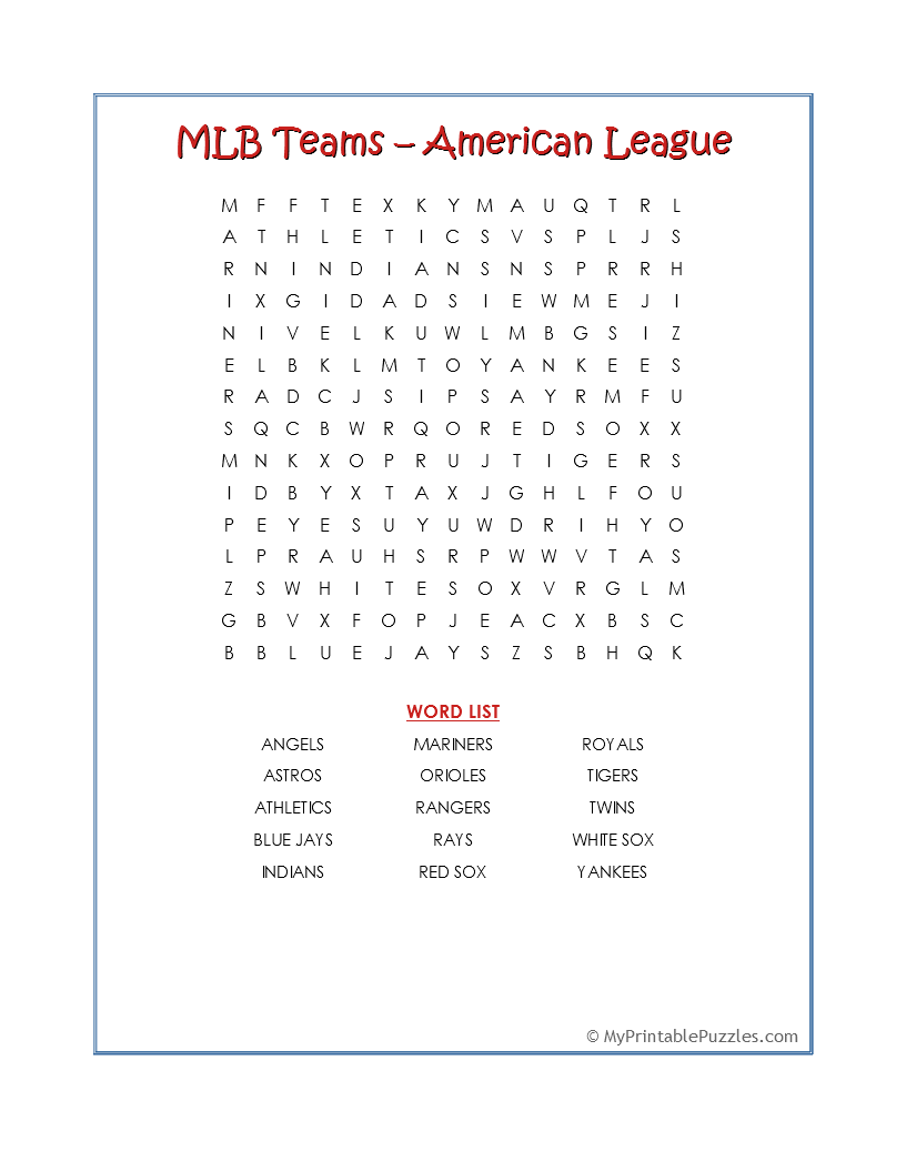 MLB Teams American League Word Search My Printable Puzzles