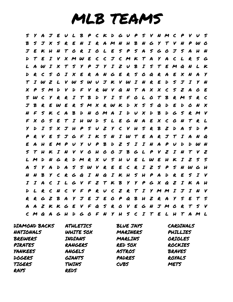 MLB TEAMS Word Search WordMint