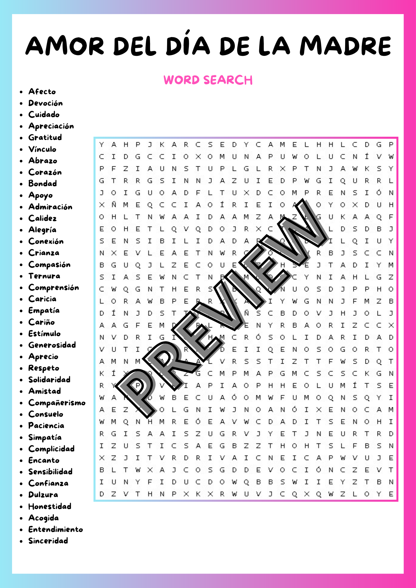 MOTHER S DAY LOVE WORD SEARCH PUZZLE IN SPANISH WORKSHEET ACTIVITY Made By Teachers