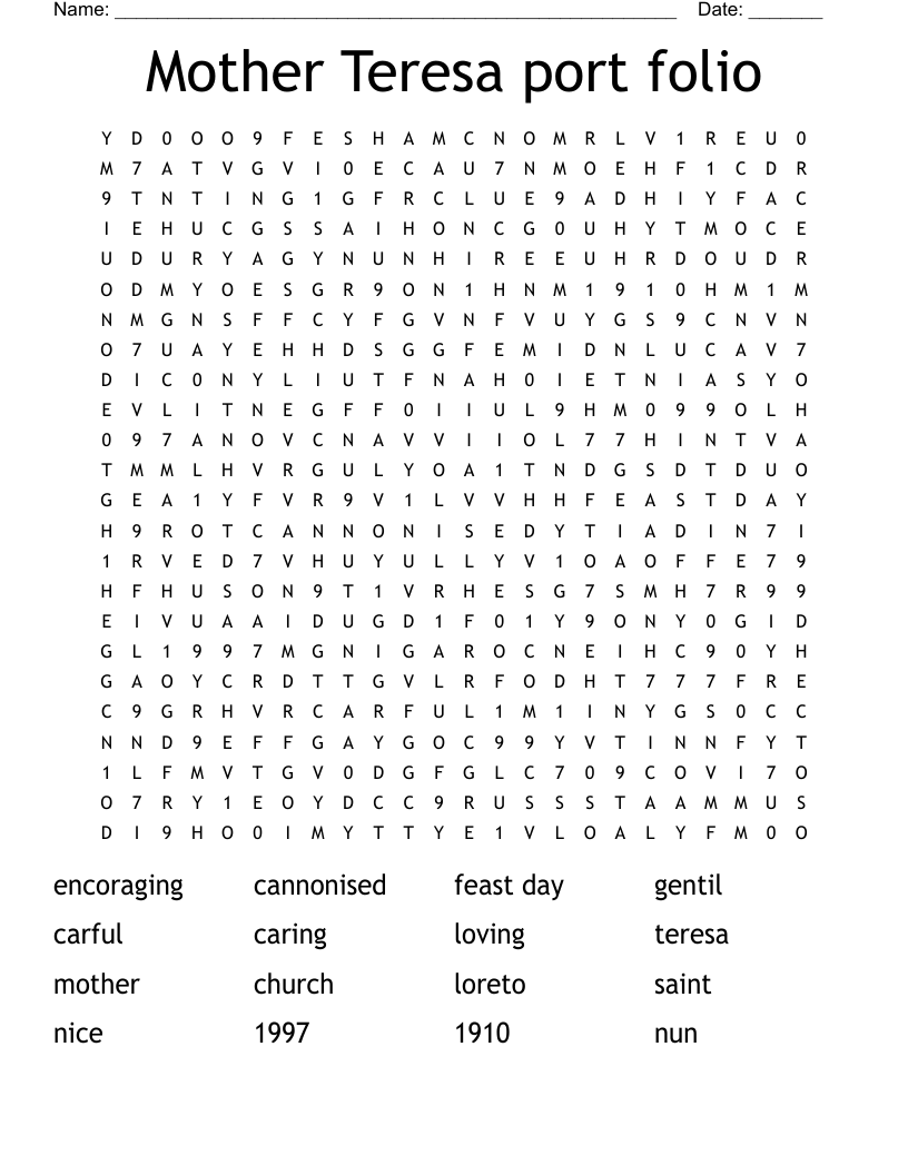 Mother Teresa Word Search WordMint