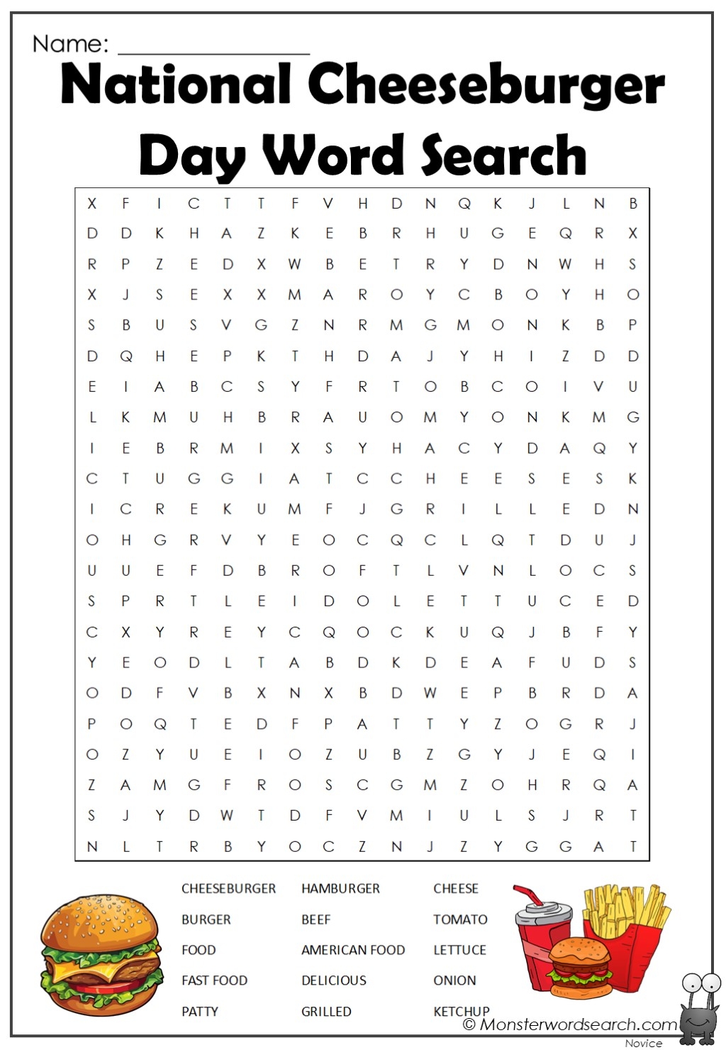 National Cheeseburger Day Word Search Monster Word Search