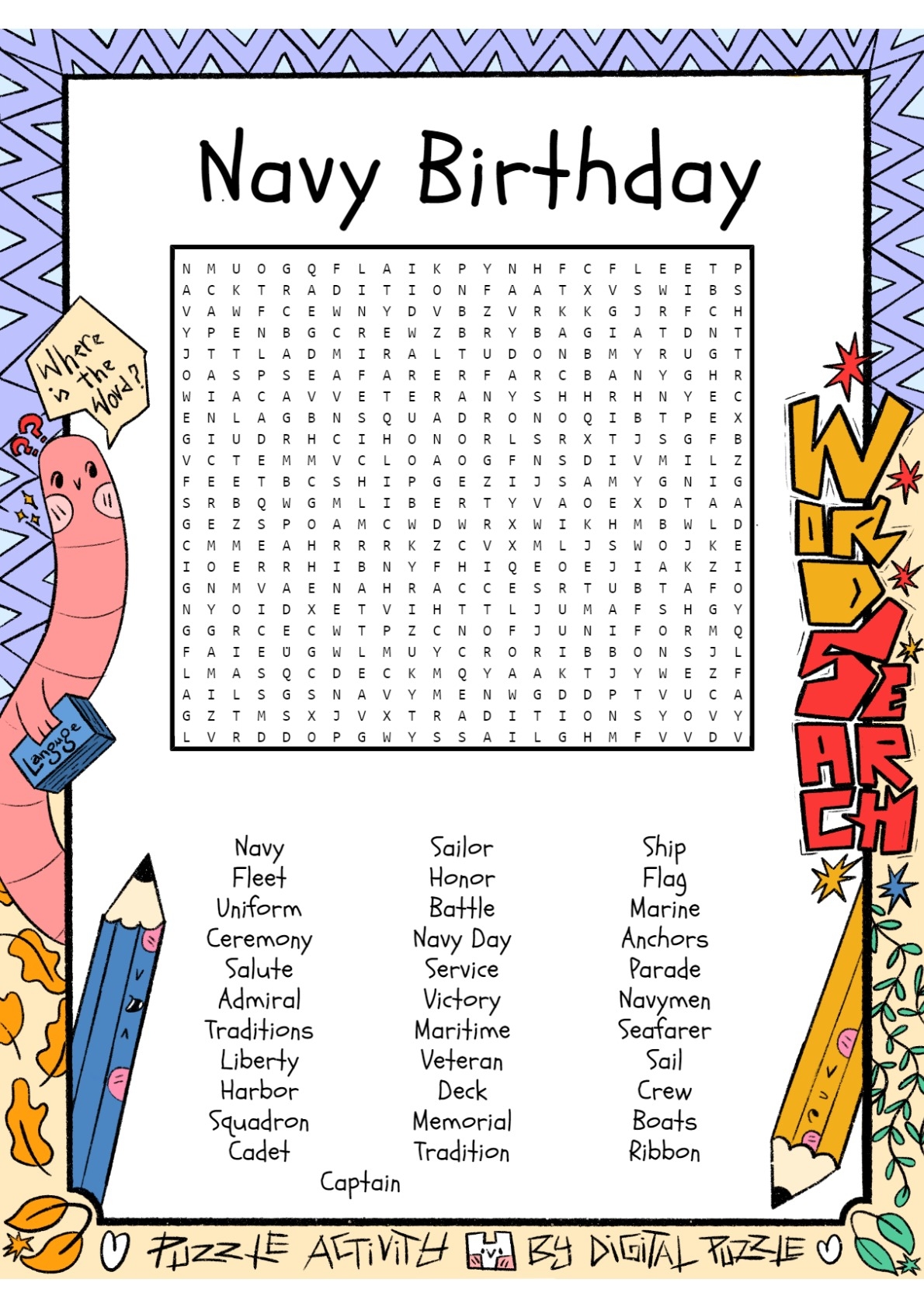 Navy Birthday Word Search Puzzle Worksheet Activity Made By Teachers