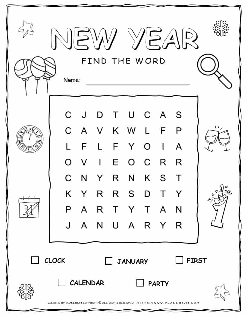 New Year Word Search Printable With Five Words Planerium