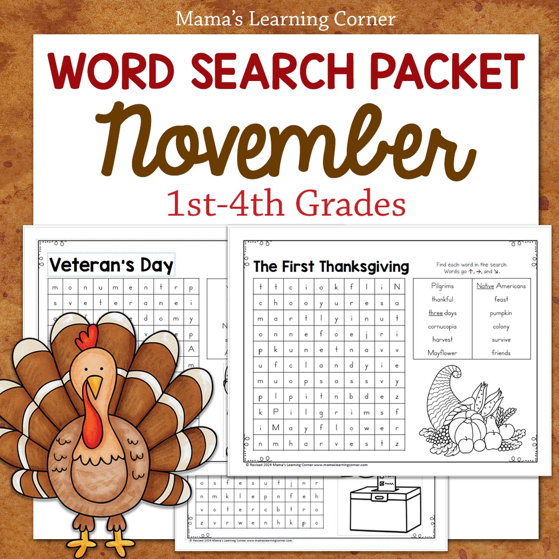 November Word Search Packet Thanksgiving Veteran s Day Turkeys 