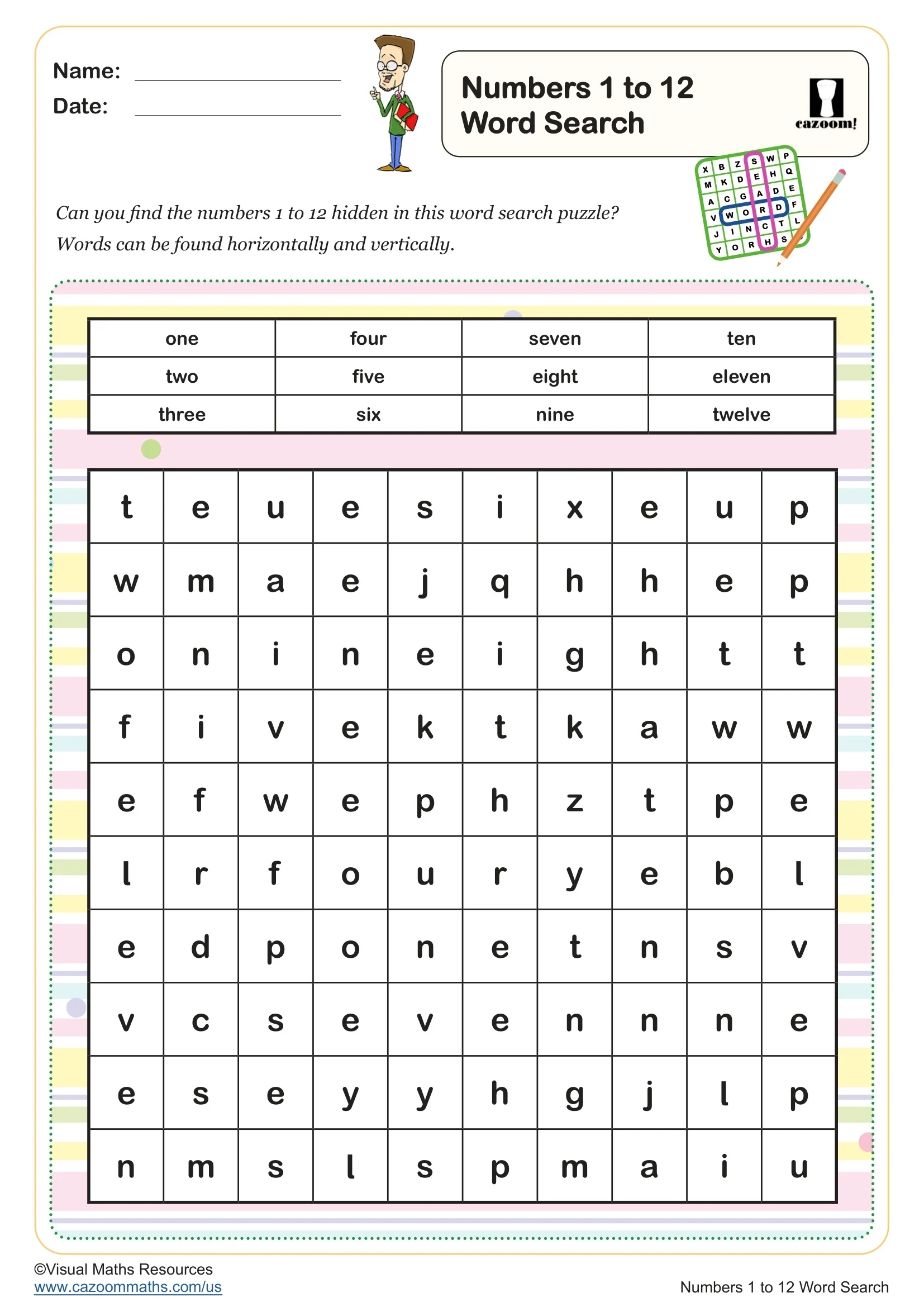 Numbers 1 To 12 Word Search Puzzle FREE Teaching Resources