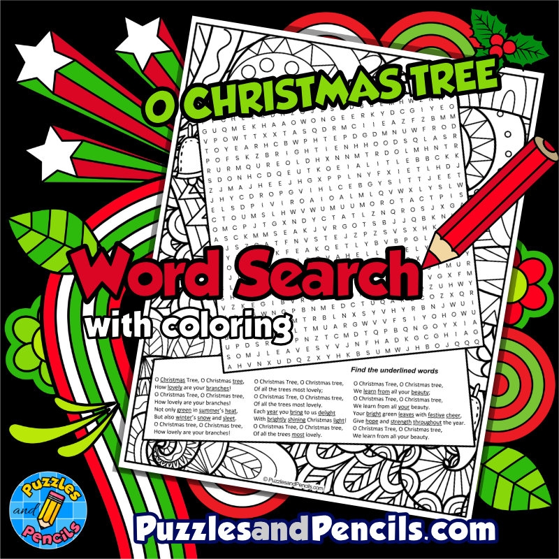 O Christmas Tree Word Search Puzzle Activity Page With Coloring Christmas Holiday Songs Made By Teachers