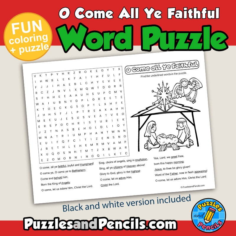 O Come All Ye Faithful Word Search Puzzle Activity Page With Coloring Christmas Carols Wordsearch Made By Teachers