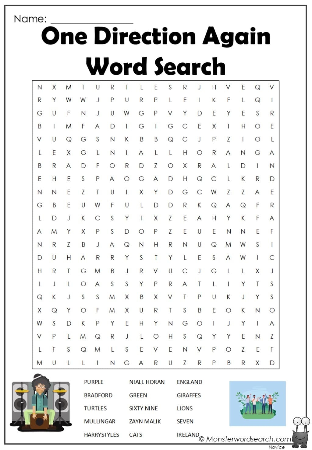 One Direction Again Word Search Monster Word Search