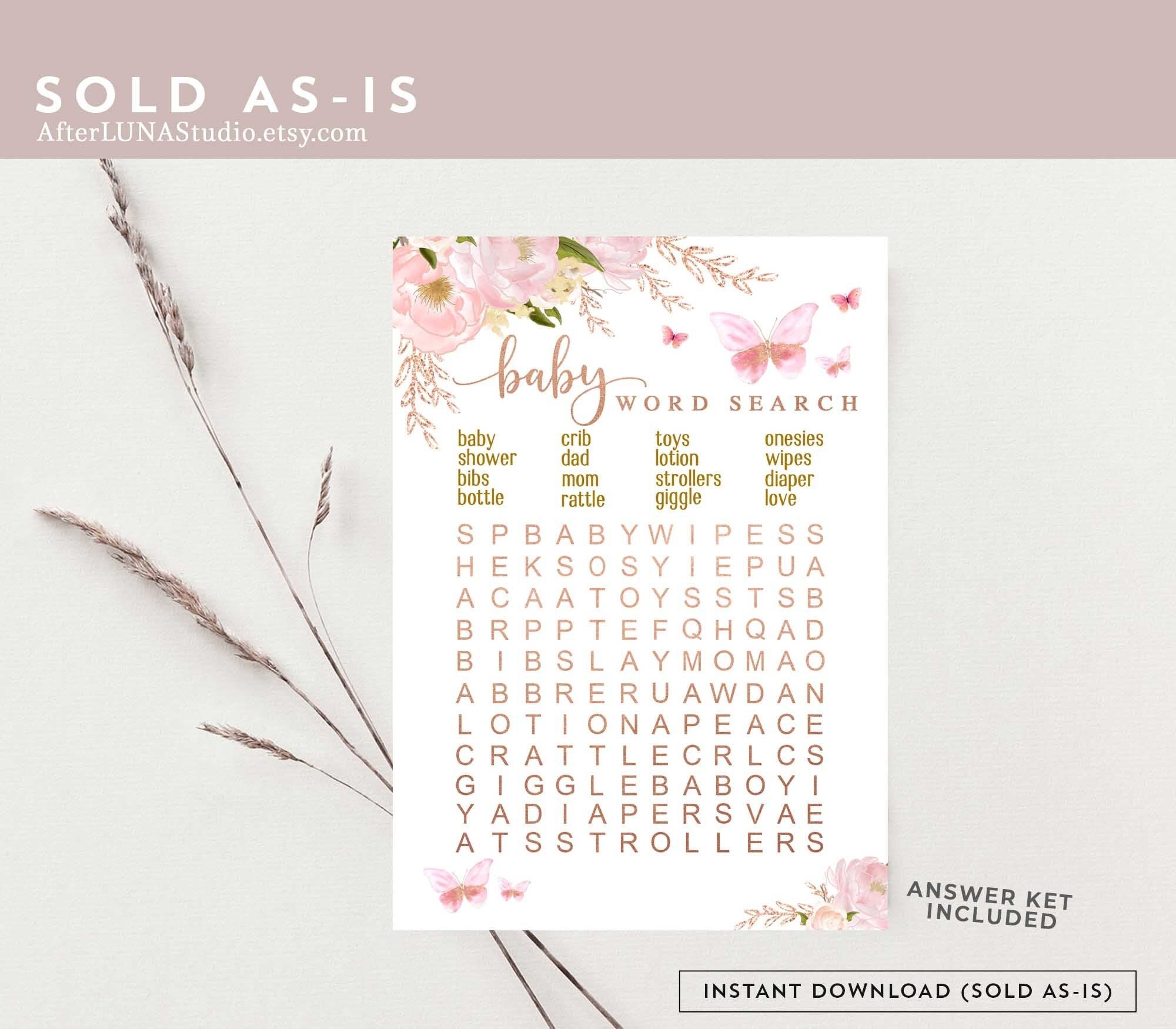 Pink Rose Gold Butterfly Word Search Game Printable Virtual Baby Shower Sprinkle Games Printable Instant Download 1406 Etsy