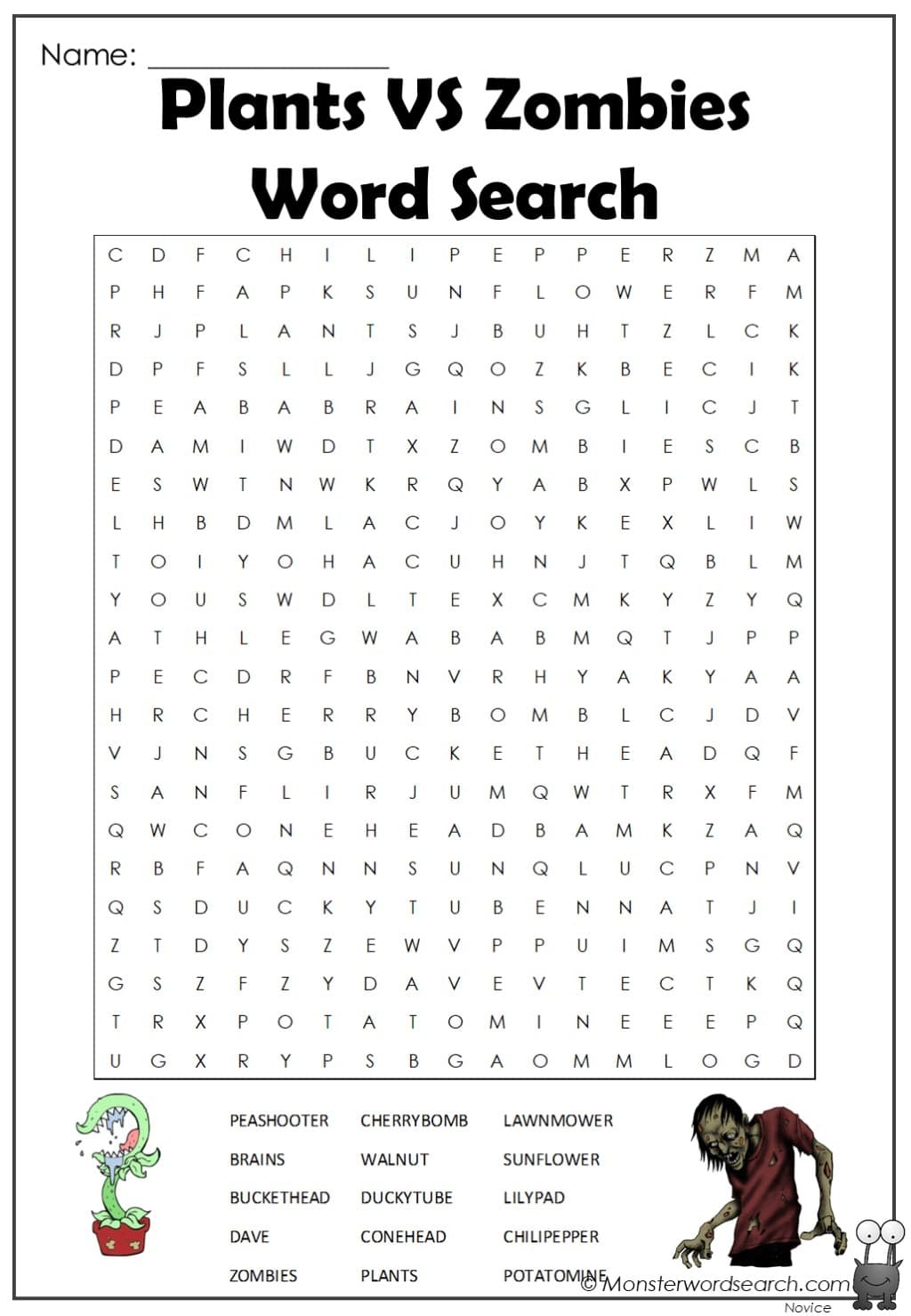 Plants Vs Zombies Word Search Monster Word Search