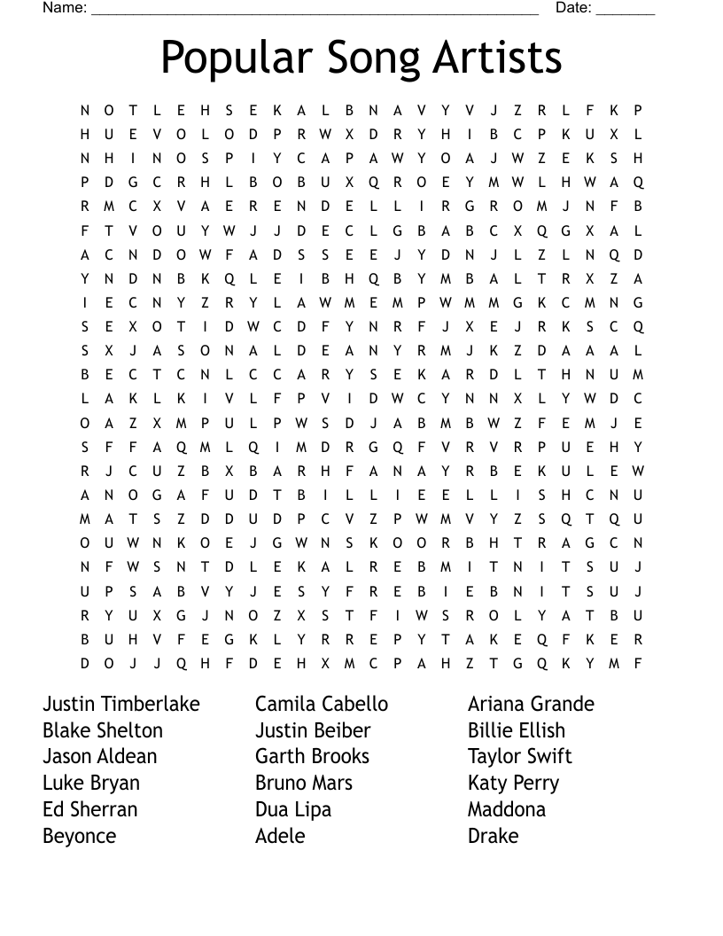 Popular Song Artists Word Search WordMint