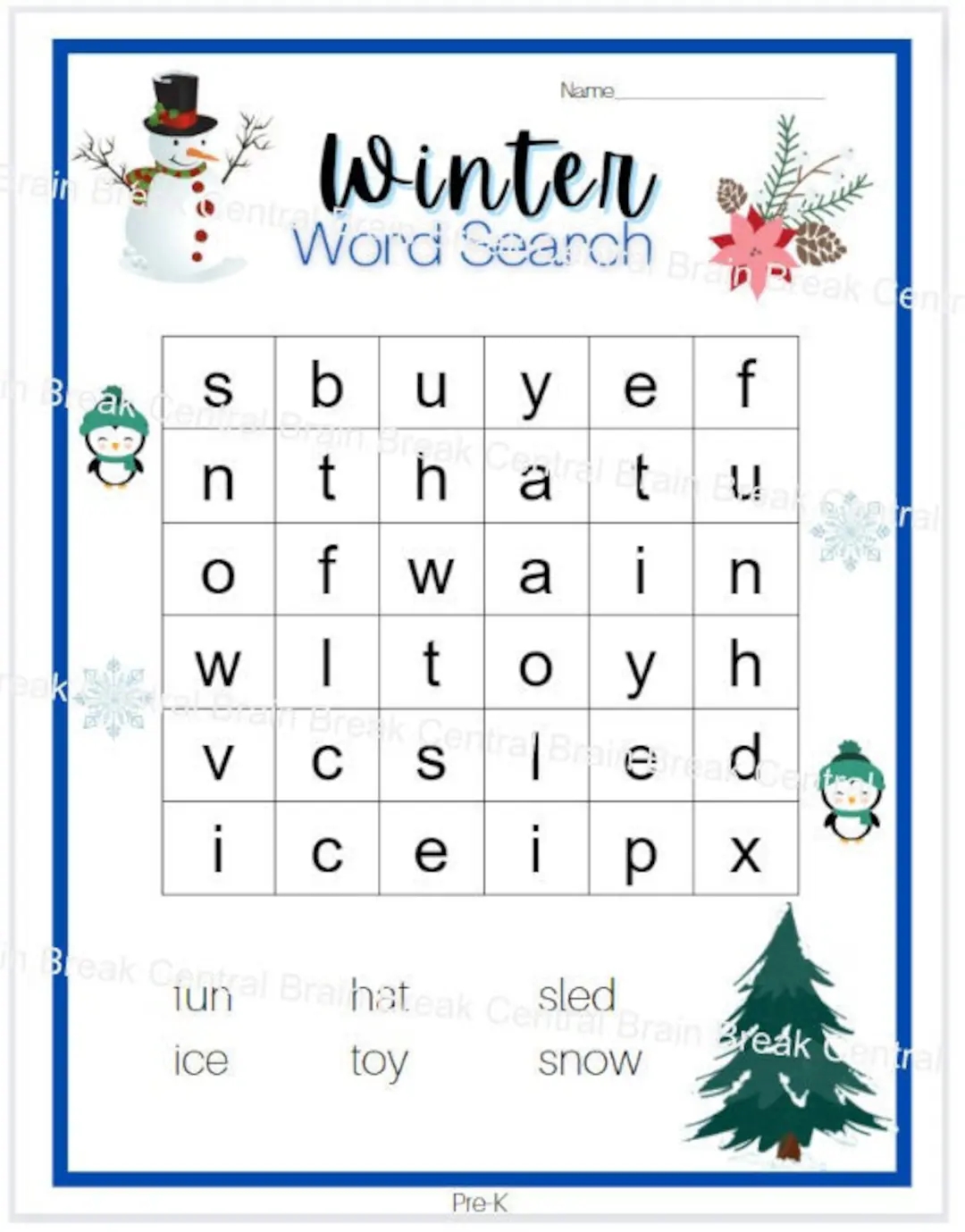 Pre k Winter Word Search With Answer Key Printable Etsy