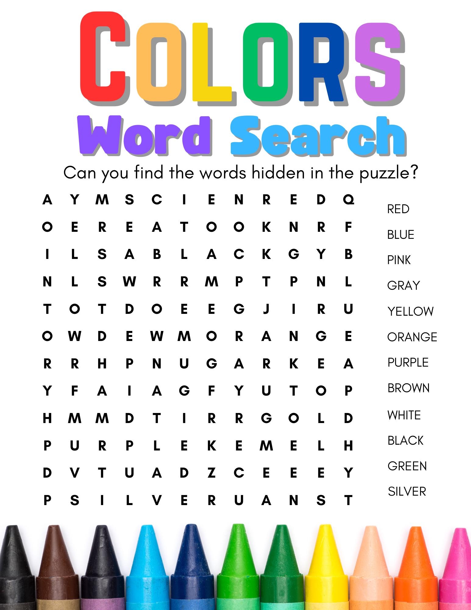 Printable Colors Word Search With Answer Key Etsy