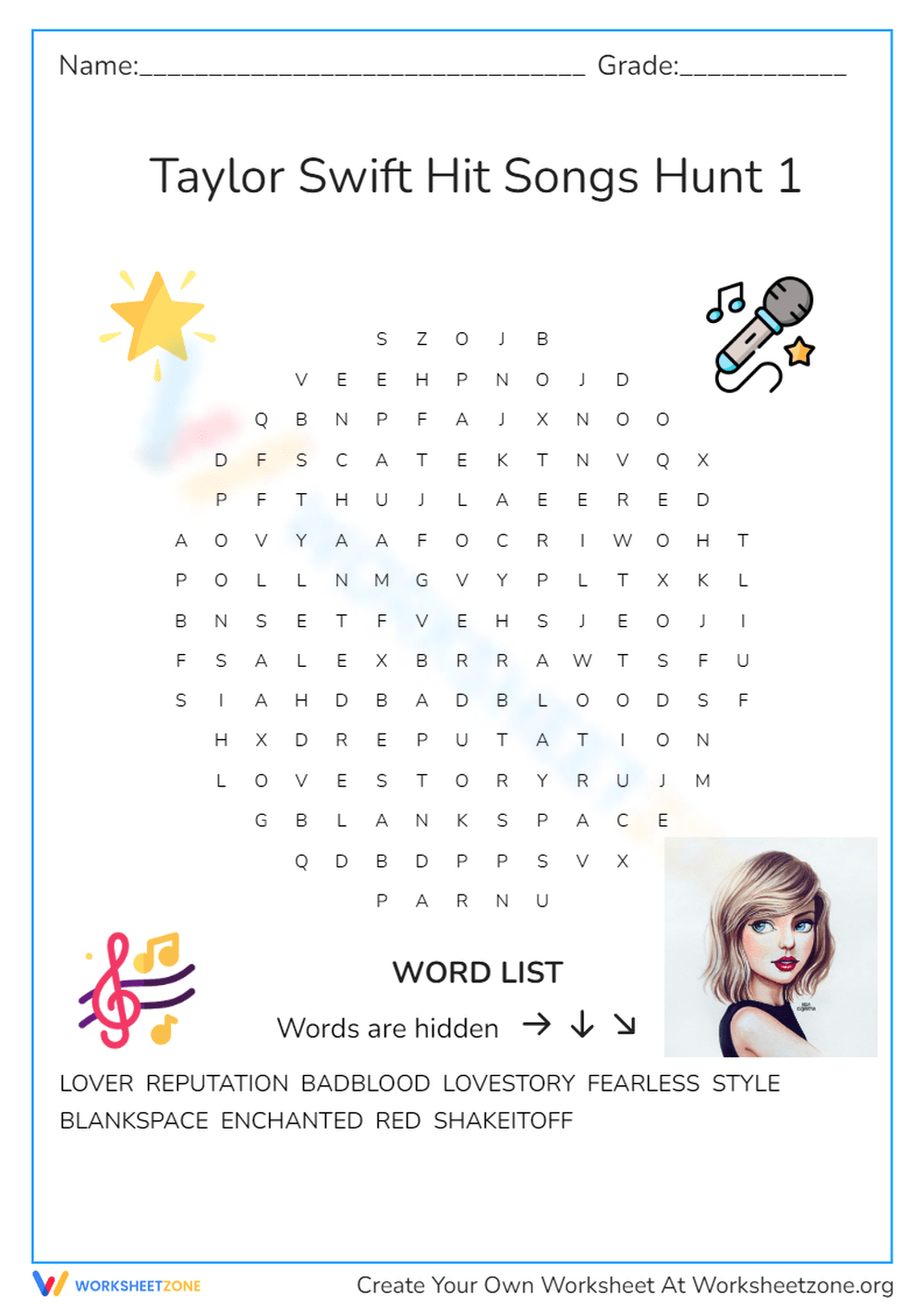 Printable Taylor Swift Word Search Worksheets Download