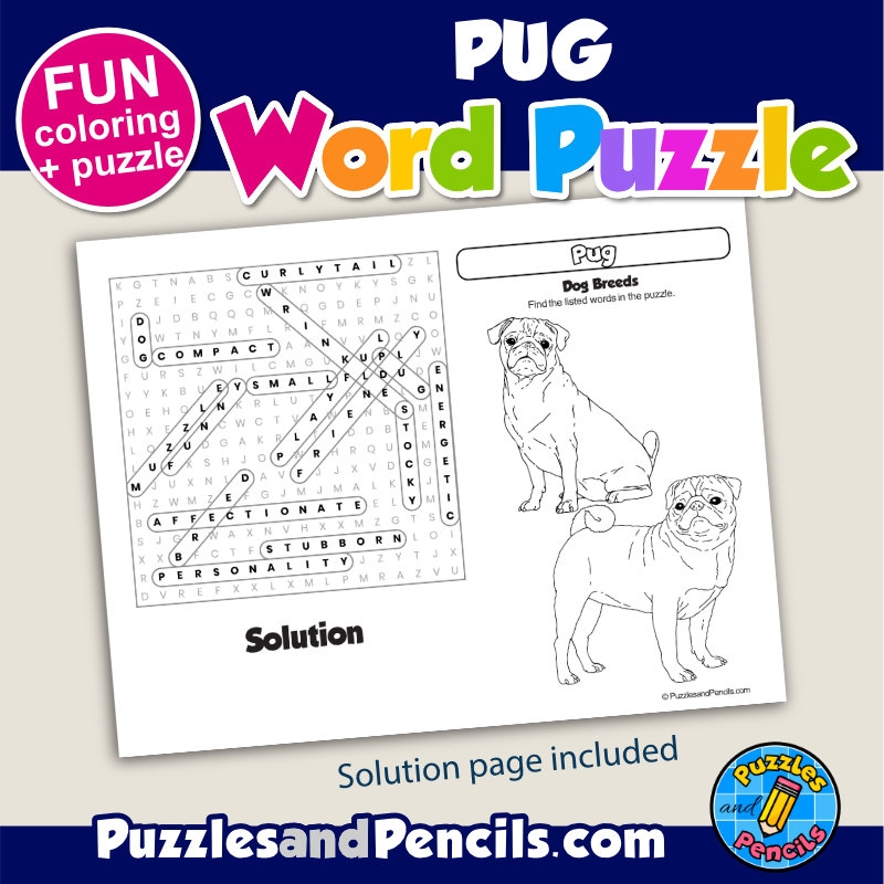 Pug Word Search Puzzle Activity Page And Coloring Dog Breeds Made By Teachers