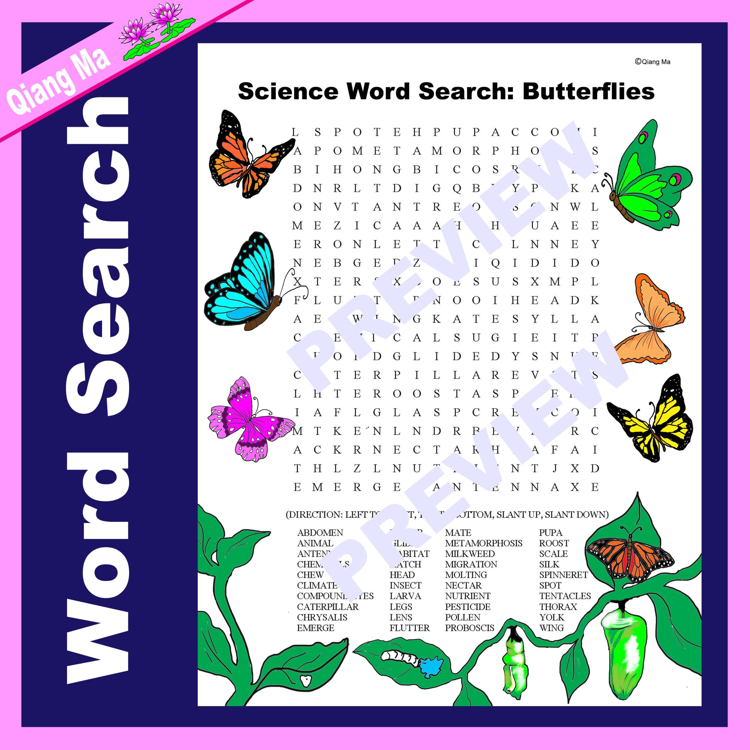 Science Word Search Butterflies Classful
