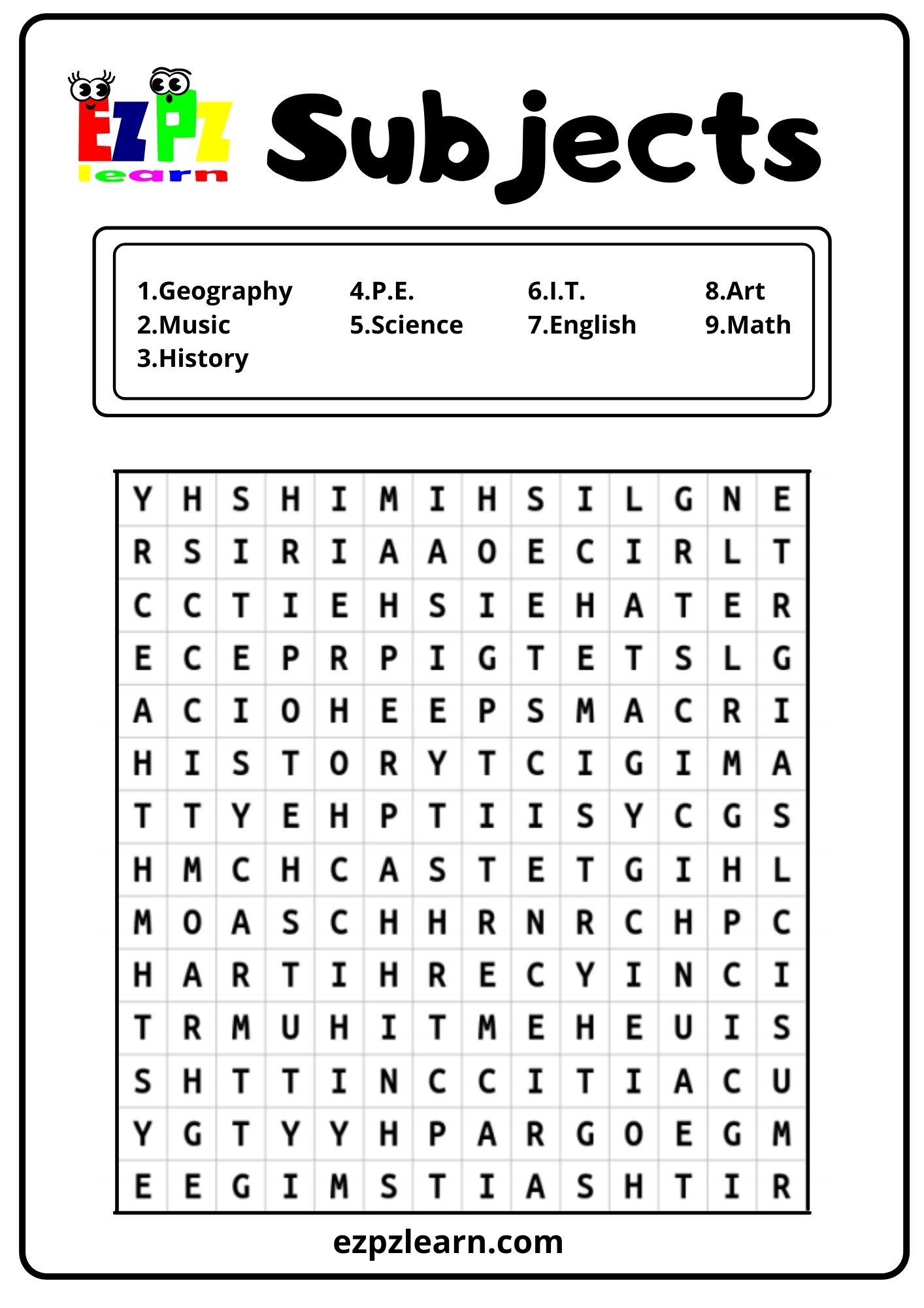 Subjects School Word Search Ezpzlearn