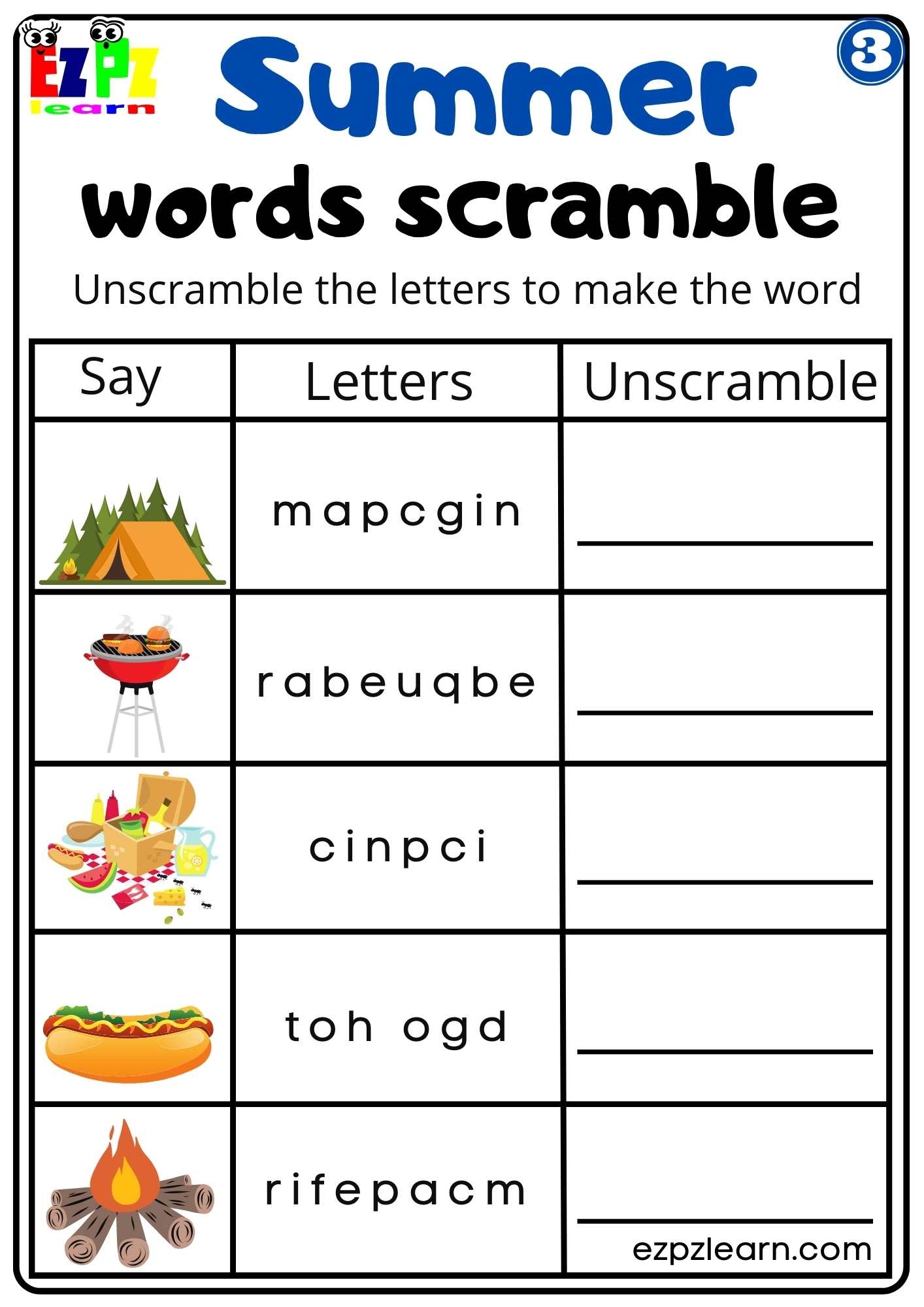 Summer And Beach Word Scramble Activity For Kids Set 3 Ezpzlearn