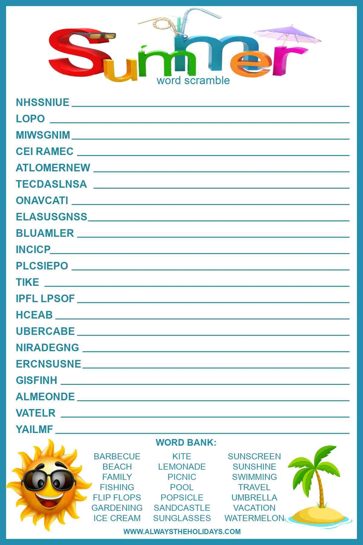 Summer Word Scramble With Answers Free Printable For Kids