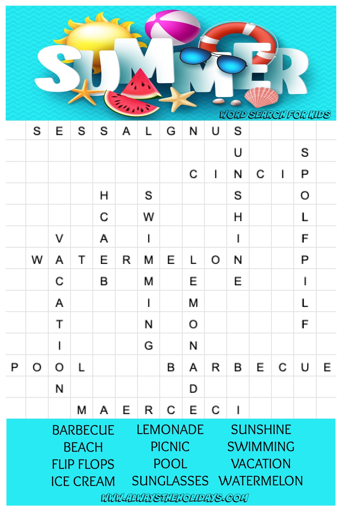 Printable Summer Word Search Puzzles
