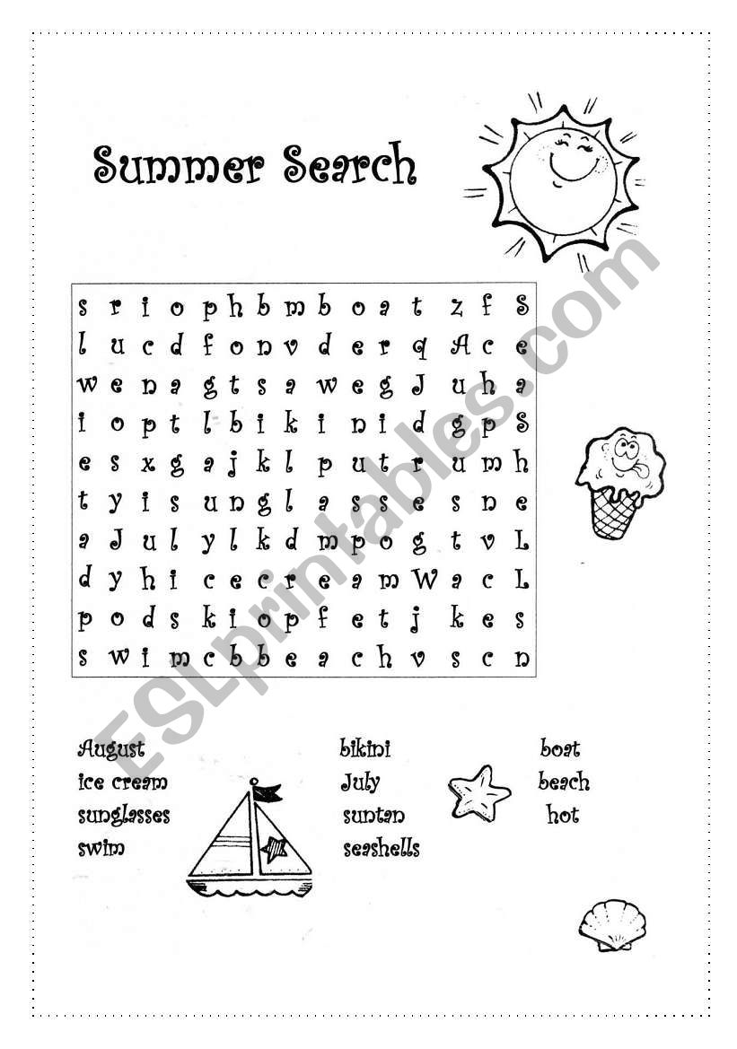Summer Wordsearch ESL Worksheet By Valleygirl