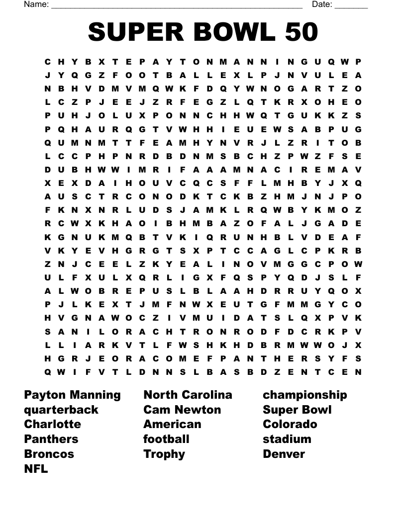 SUPER BOWL 50 Word Search WordMint