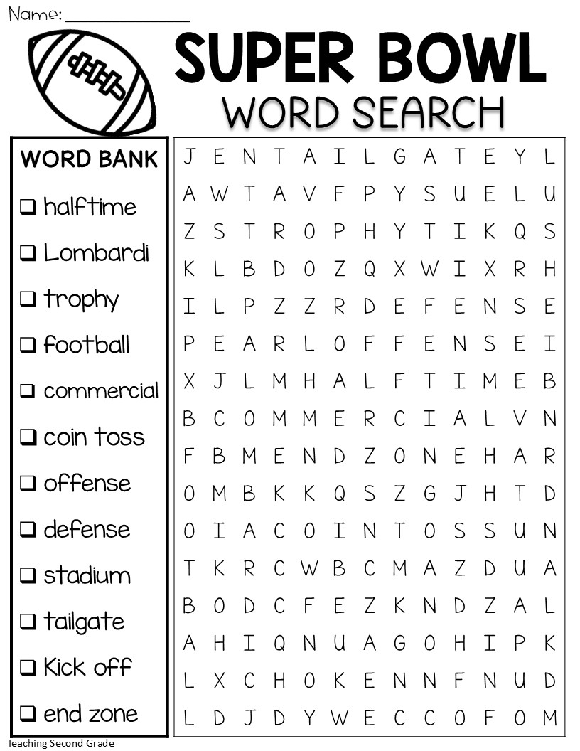 Super Bowl Word Search Teaching Second Grade