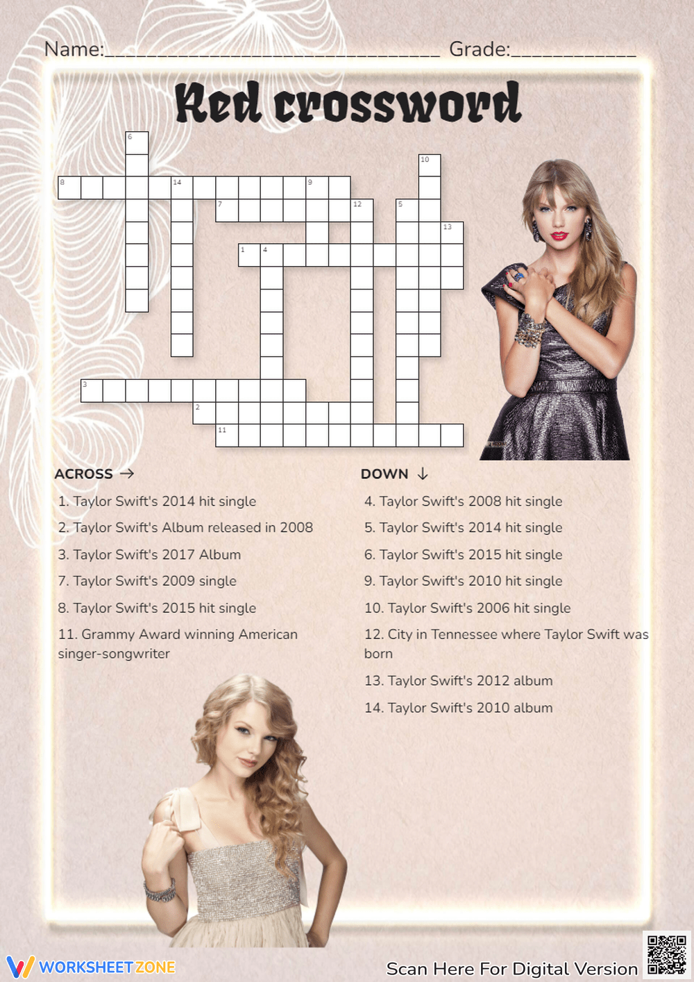 Taylor Swift Crossword Worksheets 2025