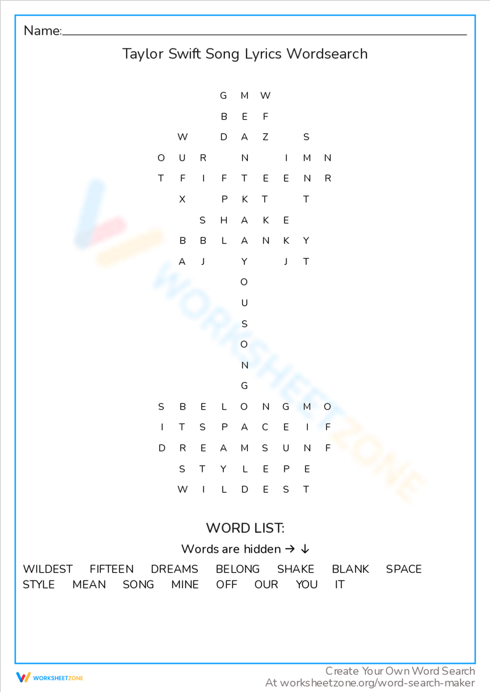 Taylor Swift Lyrics Word Search Swiftie Fun Worksheet