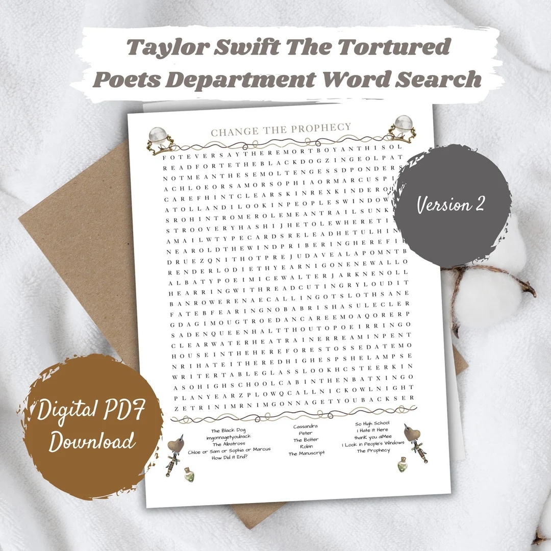 Taylor Swift The Tortured Poets Department 2nd Version Word Search Puzzle Fun Word Game Printable Digital Download Etsy