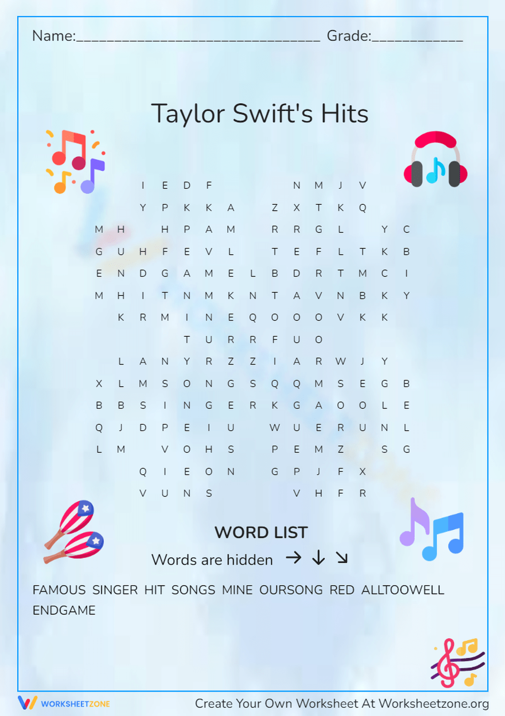 Taylor Swift Word Search