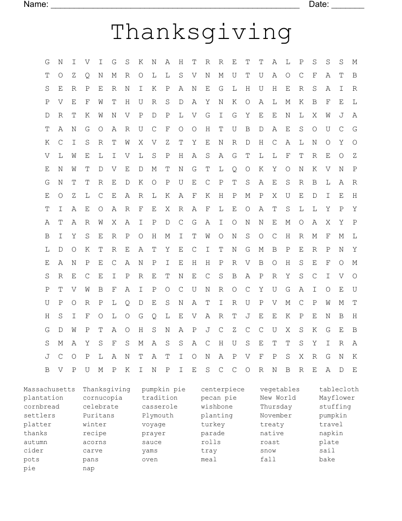 Printable Word Searches Thanksgiving