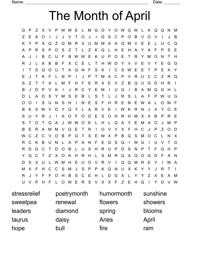 The Month Of April Word Search WordMint